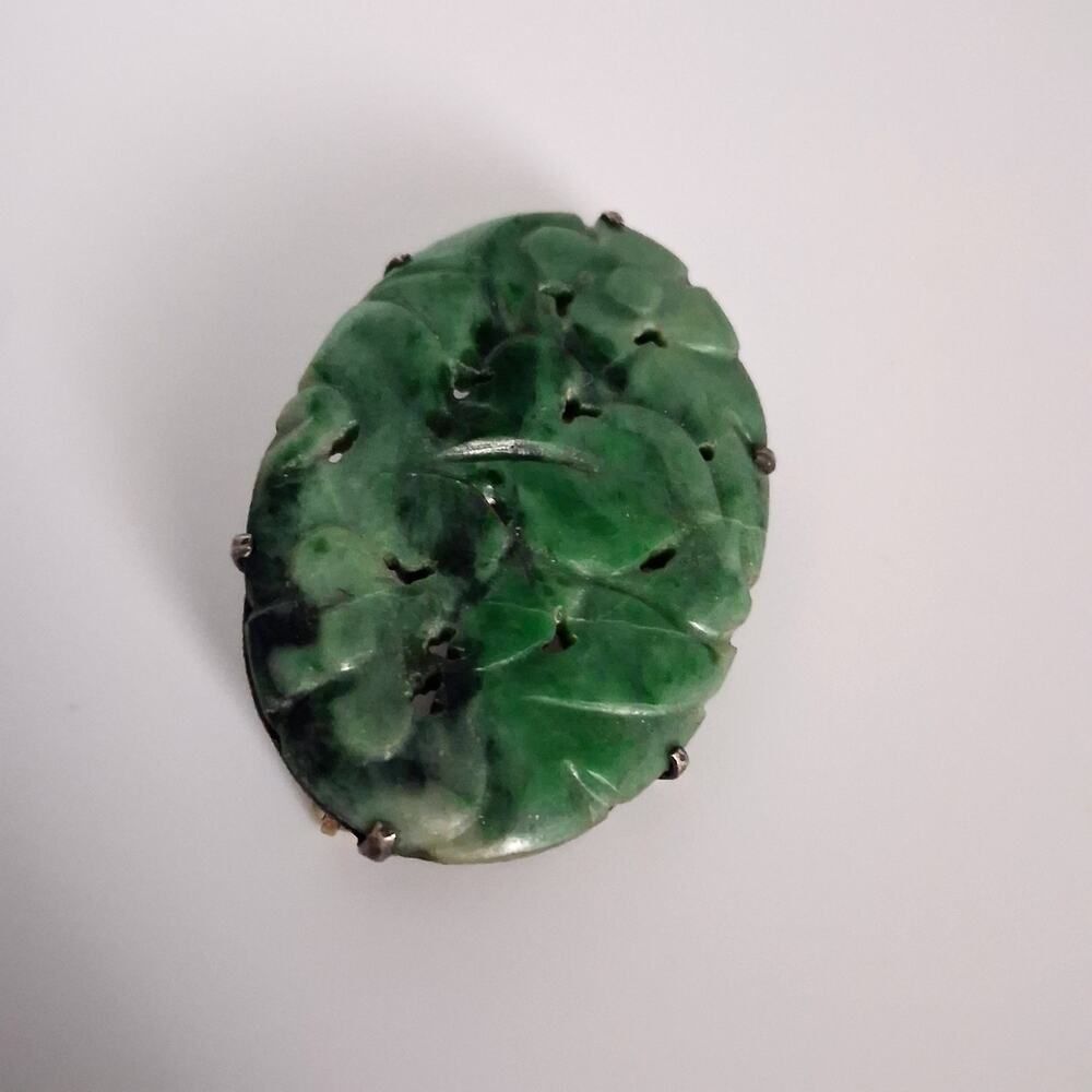 VTG Jadeite Brooch Sterling Silver Carved Floral Foliage Safety Clasp Green Pin